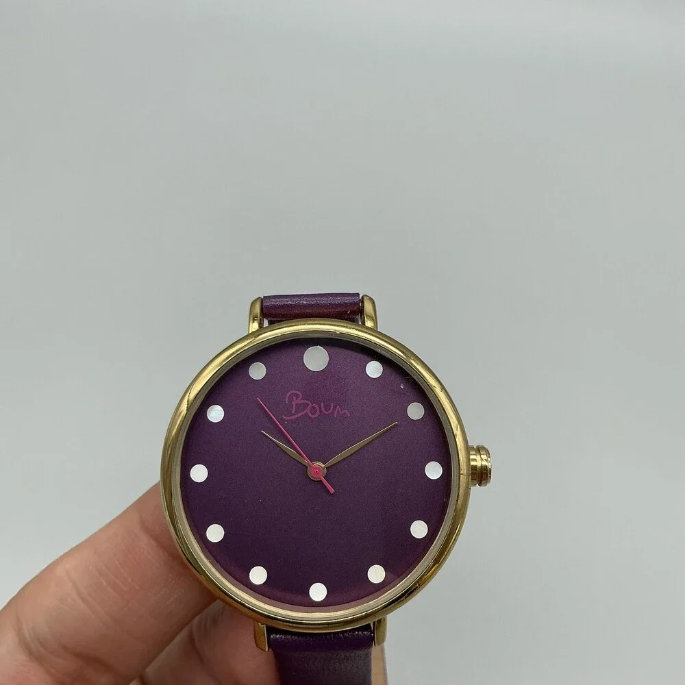 Boum Womens Watch 36mm Purple Dial Gold Tone Leather 3ATM WR New Battery